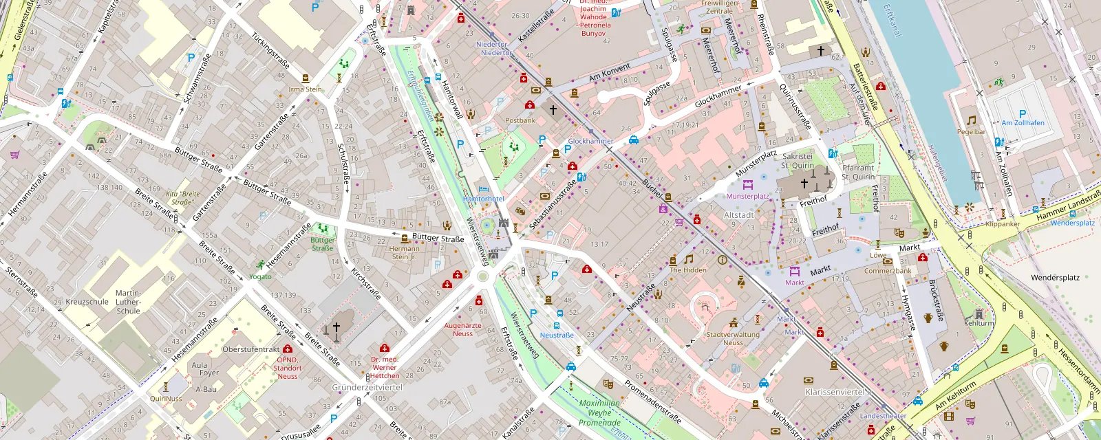 Stadtplan der Neusser Innenstadt, in der Mitte markiert: Sebastianusstraße 13
